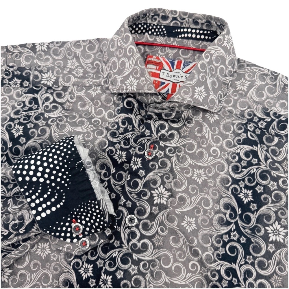 7 Downie St‎ Shirt Men 3 Small Grey Paisley Slim Athletic Fit Flip Cuff Designer